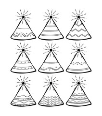 Diwali or Deepavali element black and white line art illustration. Diwali icon set for graphic and design template. Deevapali or Diwali party hat