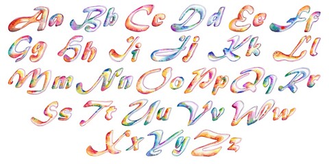 A vibrant and cheerful hand-painted watercolor font with colorful letters on a white background