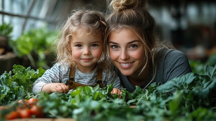 mother with small daughter gardening on farm growing organic vegetables