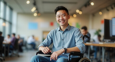 Happy man in wheel chair in the office