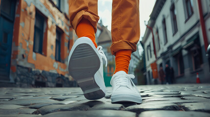 Fototapeta premium Person walking in the street wearing fashionable orange socks and sneakers, low angle shot.