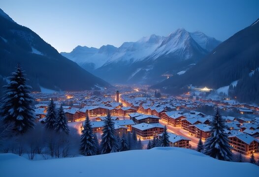 Idyllic village of Zermatt rooftops evening view, luxury winter destination in Switzerland
