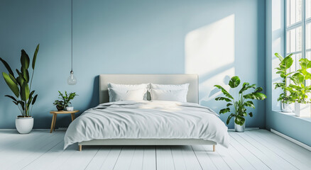 A minimalist bedroom with light blue walls, white wooden flooring, and a large bed in the center.