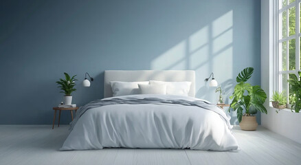 A minimalist bedroom with light blue walls, white wooden flooring, and a large bed in the center.