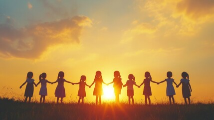 Children Silhouettes Holding Hands at Sunset