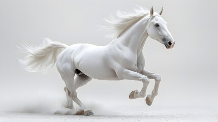 Majestic white horse stallion galloping swiftly through open grassy field with wind-swept flowing mane,powerful muscles,and blurred motion depicting speed and energy.