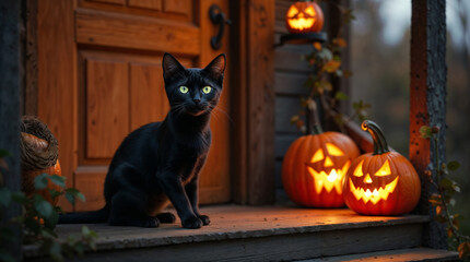 Obraz premium Black Cat and Glowing Pumpkins on a Wooden Porch
