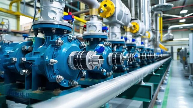 Blue industrial pumps are working inside a modern factory building, demonstrating innovative engineering and advanced technology
