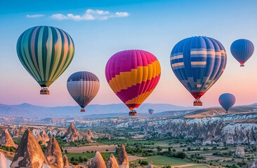 Obraz premium colorful hot air balloons floating over the unique rock formations in Cappadocia, Turkey.