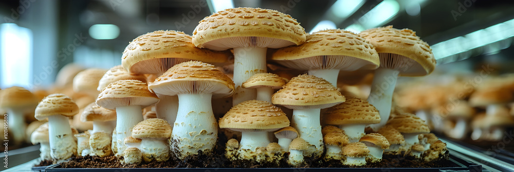 Poster closeup view of a group of various wild mushrooms growing in a natural forest environment. the mushr