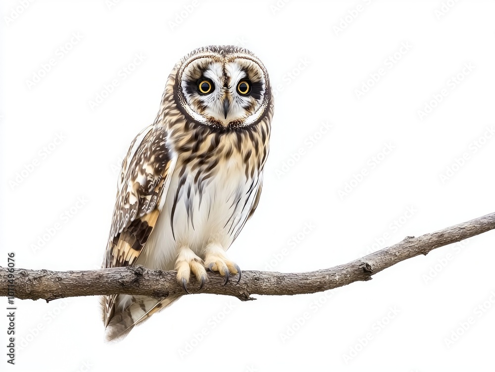 Poster captivating short-eared owl sits attentively on a sturdy branch, its large, expressive eyes and deli