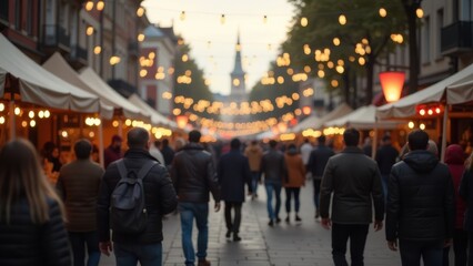 Evening market stroll with illuminated stalls and a distant church tower in a vibrant city center