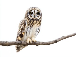 captivating short-eared owl sits attentively on a sturdy branch, its large, expressive eyes and delicate feathers highlighted by the clean white backdrop, creating a striking visual contrast.