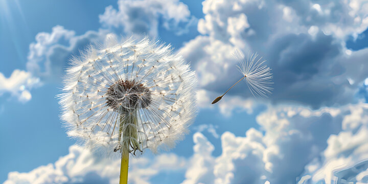 Single fluffy dandelion againt summer blue sky background with clouds
