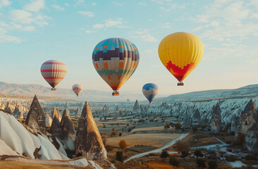 Obraz premium Colorful hot air balloons float over Cappadocia's unique rock formations, creating an enchanting and vibrant scene in the sky