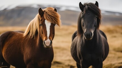 Obraz premium Two Horses in a Field with Mountain View
