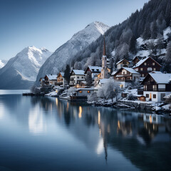 Fototapeta premium beautiful winter snowy town near clear lake