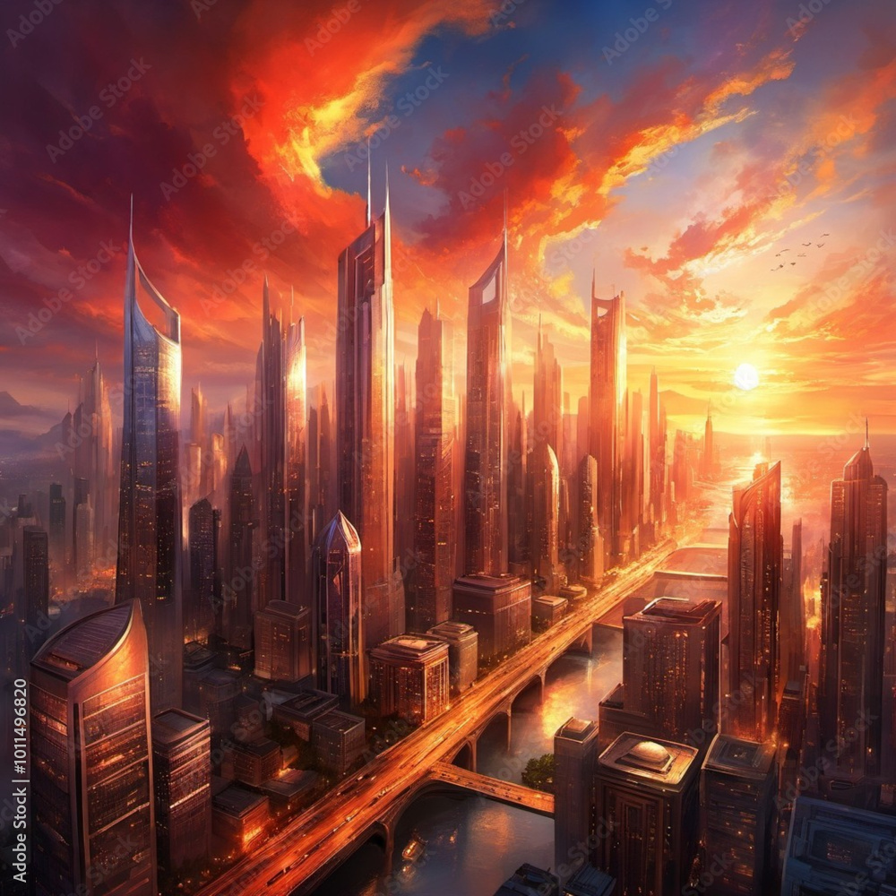 Poster a breathtaking sunset casts a warm glow over towering skyscrapers in a vibrant metropolis, creating 