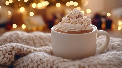A cup of hot chocolate with whipped cream swirling on top, set on a fluffy blanket with festive decorations in the background. Warm light from holiday lights casting soft shadows,
