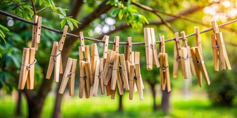 A cluster of wooden clothespins hanging on a clothesline in a lush green garden, bathed in warm sunlight.