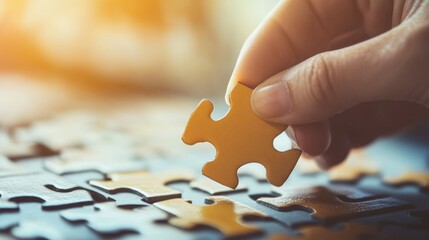 A hand holds a puzzle piece above a scattered puzzle, emphasizing the process of assembling and problem-solving.