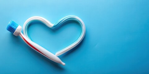 A blue toothbrush with red and white accents creates a heart shape with toothpaste on a light blue background