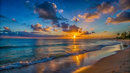 A stunning sunset over the ocean, with clouds reflecting in the water and a sandy beach in the foreground.