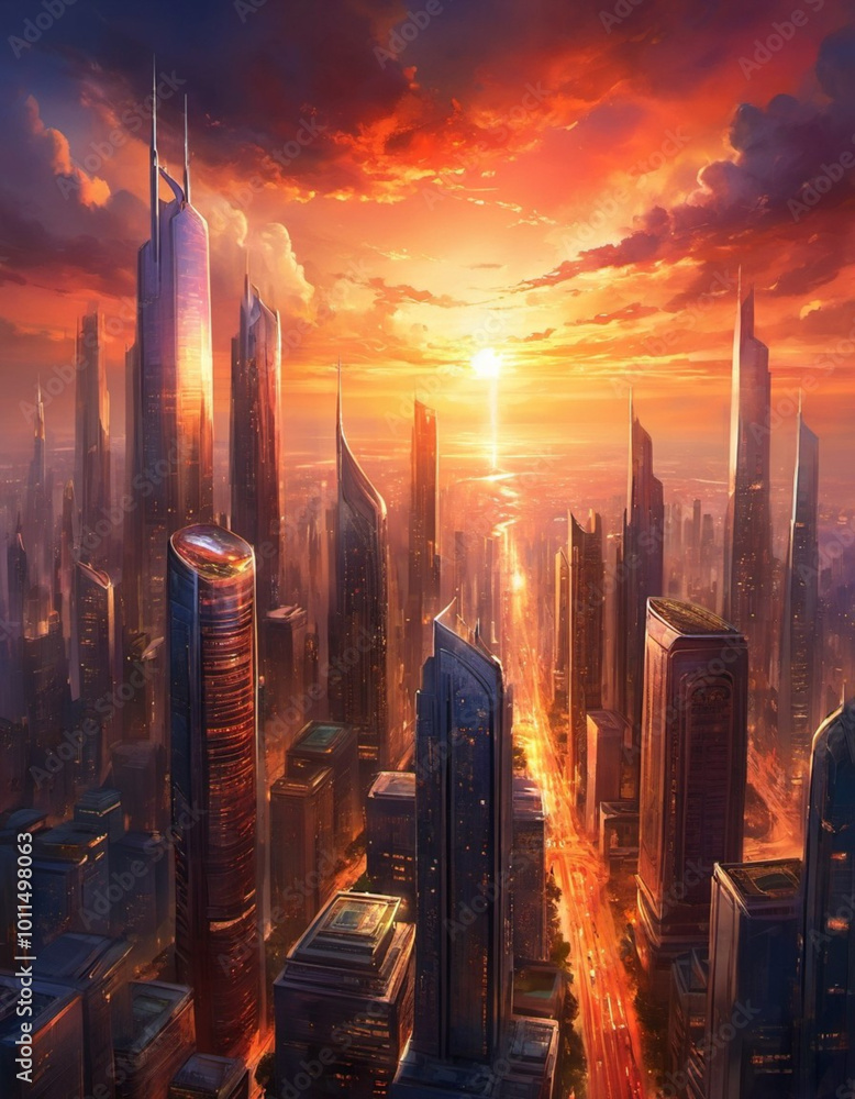Poster a breathtaking sunset casts a warm glow over towering skyscrapers in a vibrant metropolis, creating 