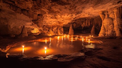 Cave with Reflective Water and Stalagmites
