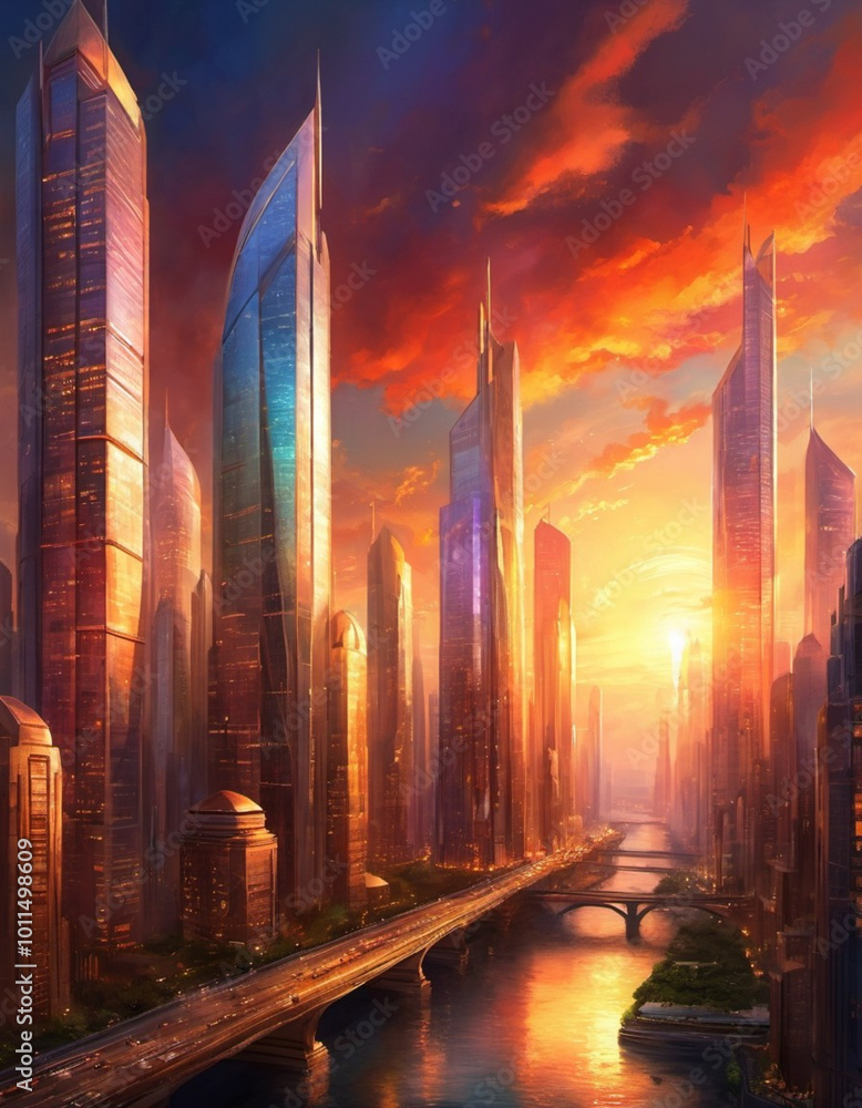 Poster a breathtaking sunset casts a warm glow over towering skyscrapers in a vibrant metropolis, creating 