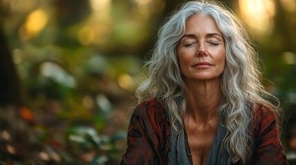 Naklejka premium portrait of senior woman relaxing ,sitting with eyes closed outdoors in forest