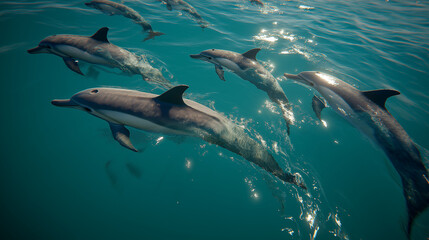  dolphins gracefully swimming through clear sea water.	