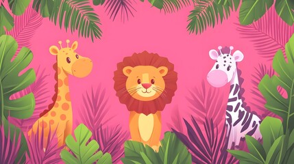 Obraz premium Cute Jungle Animals with Pink Background - Perfect for Kids' Decor