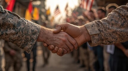 A military officer shaking hands with a veteran during a Veterans Day event, with a background of flags waving and people clapping in appreciation