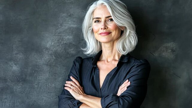 A woman with gray hair smiles confidently, standing in front of a gray background