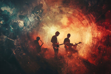 Vintage album cover with a grunge band and textured 90s aesthetic