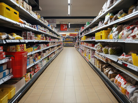 A quiet evening in a grocery store with empty aisles illuminated by soft blue lights