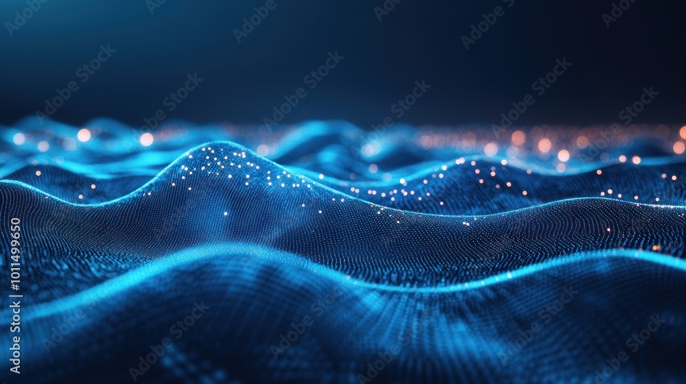 Poster abstract representation of flowing waves with glowing particles, showcasing digital aesthetics.