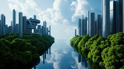 Fototapeta premium A futuristic cityscape featuring towering skyscrapers and lush green vegetation lining a calm river, representing urban eco-design and sustainable architecture..