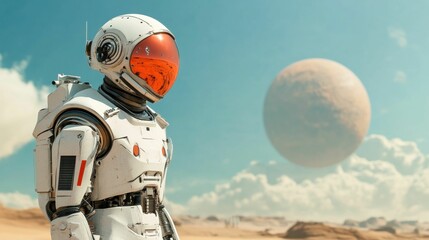 Fototapeta premium Astronaut in a high-tech spacesuit stands on a desert planet, gazing at a large distant planet in the sky, symbolizing space exploration and discovery..