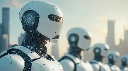 Fototapeta premium Several advanced humanoid robots stand in a futuristic city environment, showcasing technological progress, artificial intelligence, and robotics development..