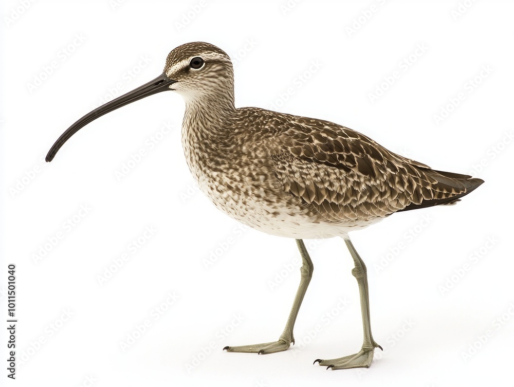Poster encounter a whimbrel poised by the water's edge, its distinctive long beak complementing its captiva