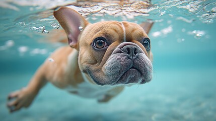 A curious French Bulldog explores the underwater world with enthusiasm and joy