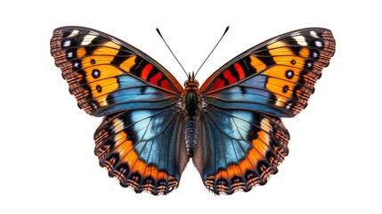 Naklejka premium Vibrant and Colorful Butterfly with Intricate Wing Pattern Soaring in a Lush Tropical Nature Habitat. Graceful Insect Macro Photography Showcasing the Beauty and Biodiversity of the Natural World.