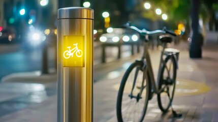 Detailed view of an illuminated bicycle crossing signal light featuring the glowing symbol of a cyclist providing guidance and safety for urban transportation and commuting