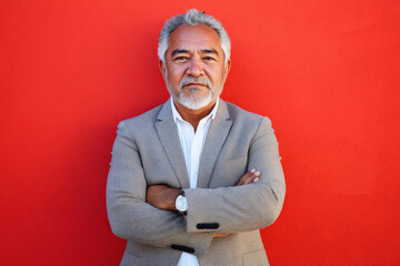 A strong senior Hispanic man in a blazer, arms crossed and looking focused, in front of a bold red background, embodying determination and experience.