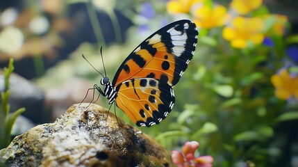 Obraz premium Striking orange butterfly fluttering in the sunny garden scenery