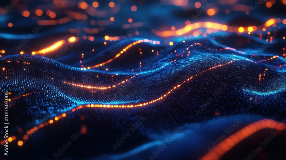 Poster abstract representation of digital waves with glowing elements.