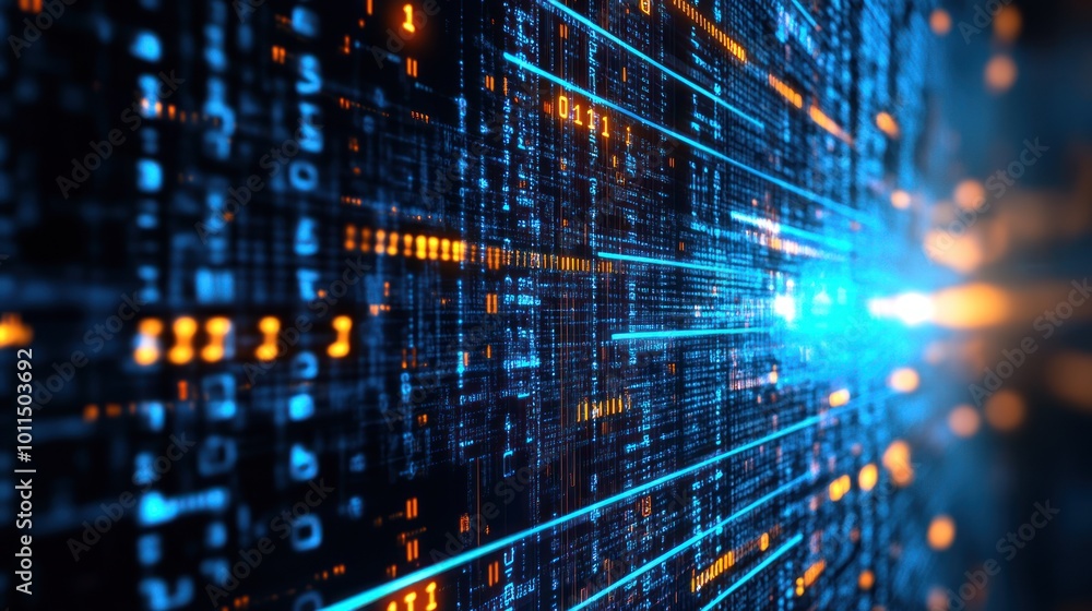 Poster abstract digital data streams with glowing elements, representing technology and information flow.