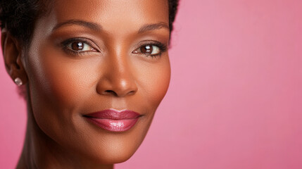 Fototapeta premium Beauty cosmetics magazine photo of a middle-aged African American woman with glowing skin and natural pink lips, radiating beauty and confidence.